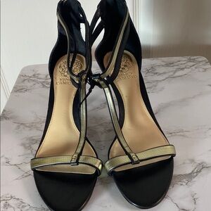 Vince Camuto Black and Gold Stiletto Heels 3” size 8.5 Medium leather upper